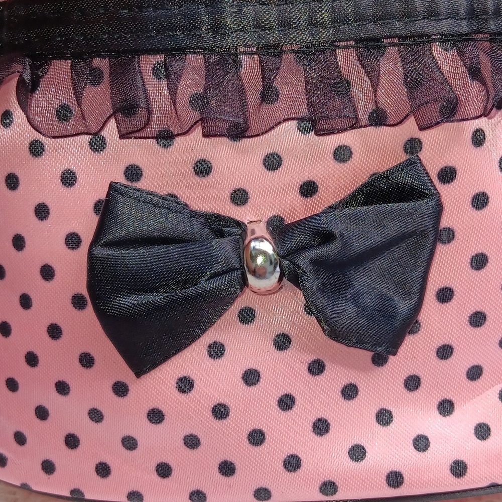 🆕️EXTRA LARGE VINTAGE PINK & BLACK POLKA DOT ZIPPERED COSMETIC BAG WITH POCKETS - Picture 10 of 16